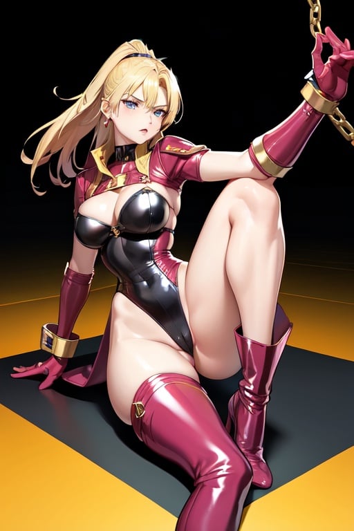 Image of 闘神伝 Battle_Arena Toshinden SOFIA BONDAGE QUEEN 金髪 blonde Latex leotard CALL_ME_QUEEN ムチ whip Enamel Knee-high-boots long-gloves
