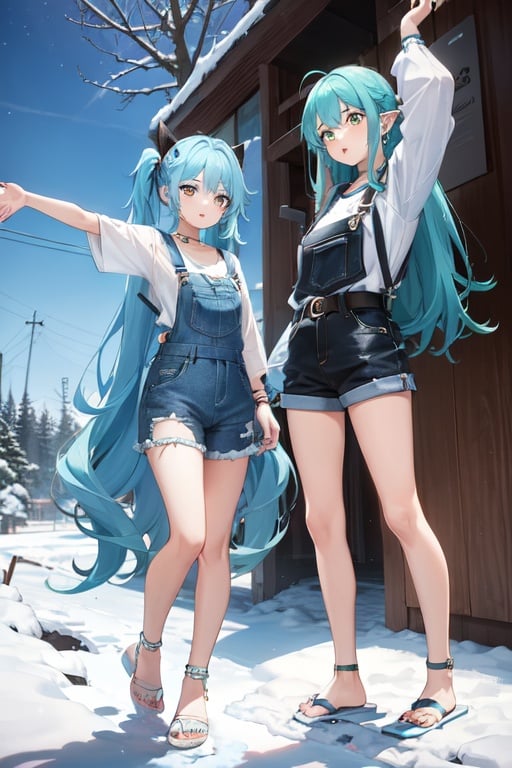 Image of 2girls, stretching, aqua hair, yellow eyes, :<, long hair, pointy ears, overalls, slippers, belt, bracelet, piercing, snowing