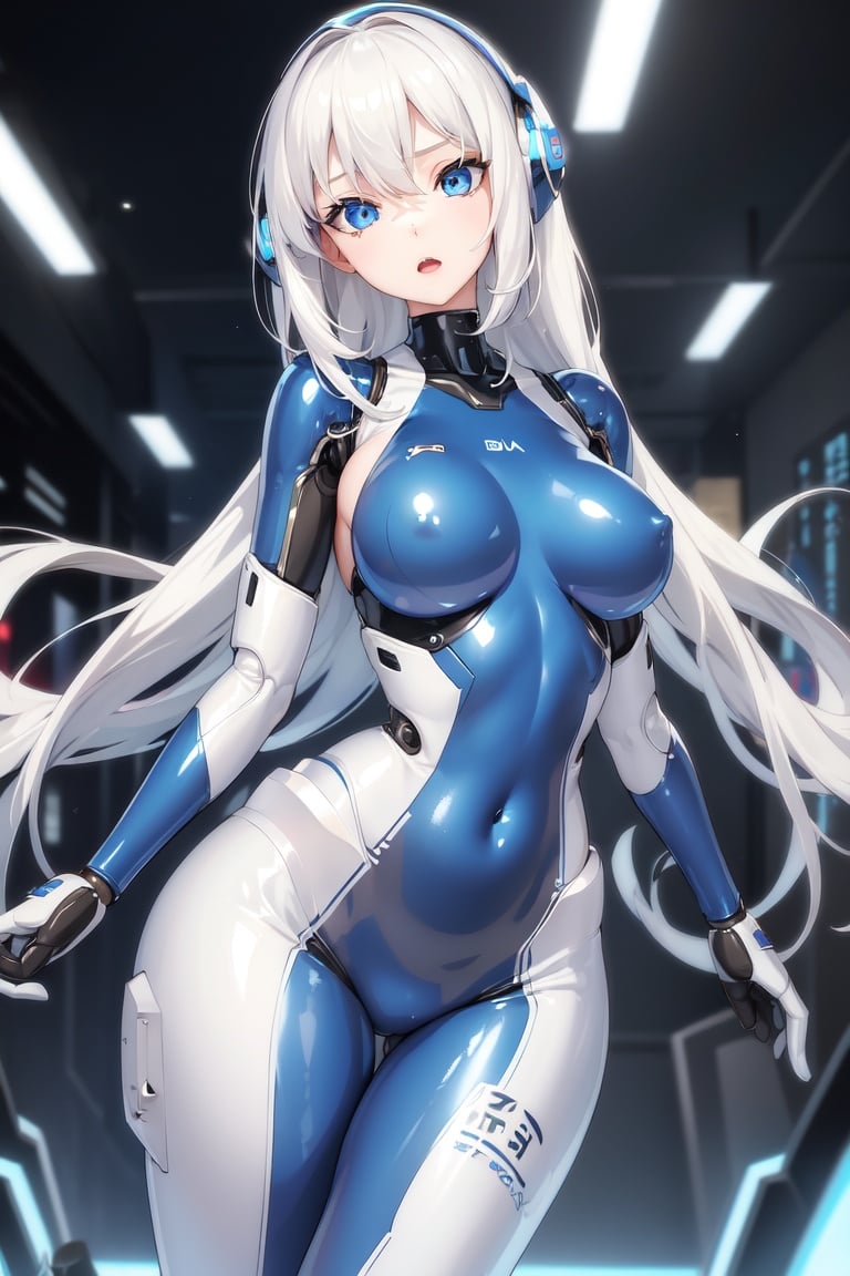 Image of 1girl, robot, android, :d, high quality, blue eyes, white hair, mature, original, tight latex, white latex, blue latex, navel, large breasts+