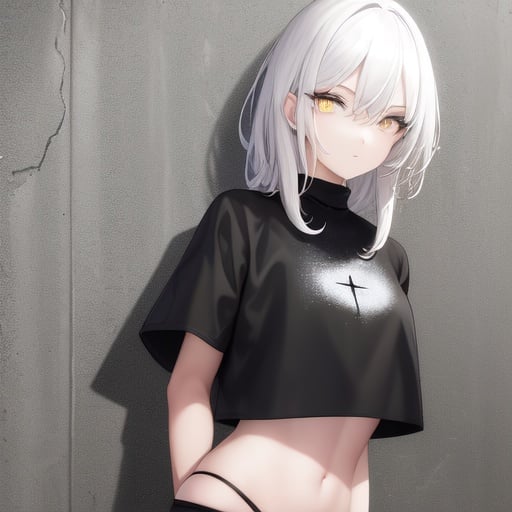 Image of 1 girl, solo, black trousers, black crop top, high quality, detailed eyes+++, yellow eyes,  messy white hair, (calm face), (concrete background), 

