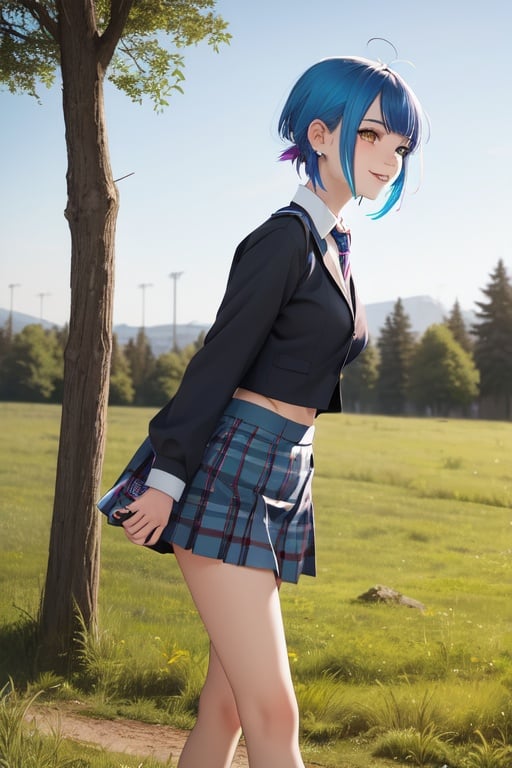 Image of 1girl, field, punk+, piercings, blue hair, dyed hair, gradient hair, trees in background, walking, school uniform, uniform+, tight clothes, prominent breasts, side view, huge hips, short skirt+, smiling, from above, bangs, morning time+, ((++)), (having ),  everywhere, (), 