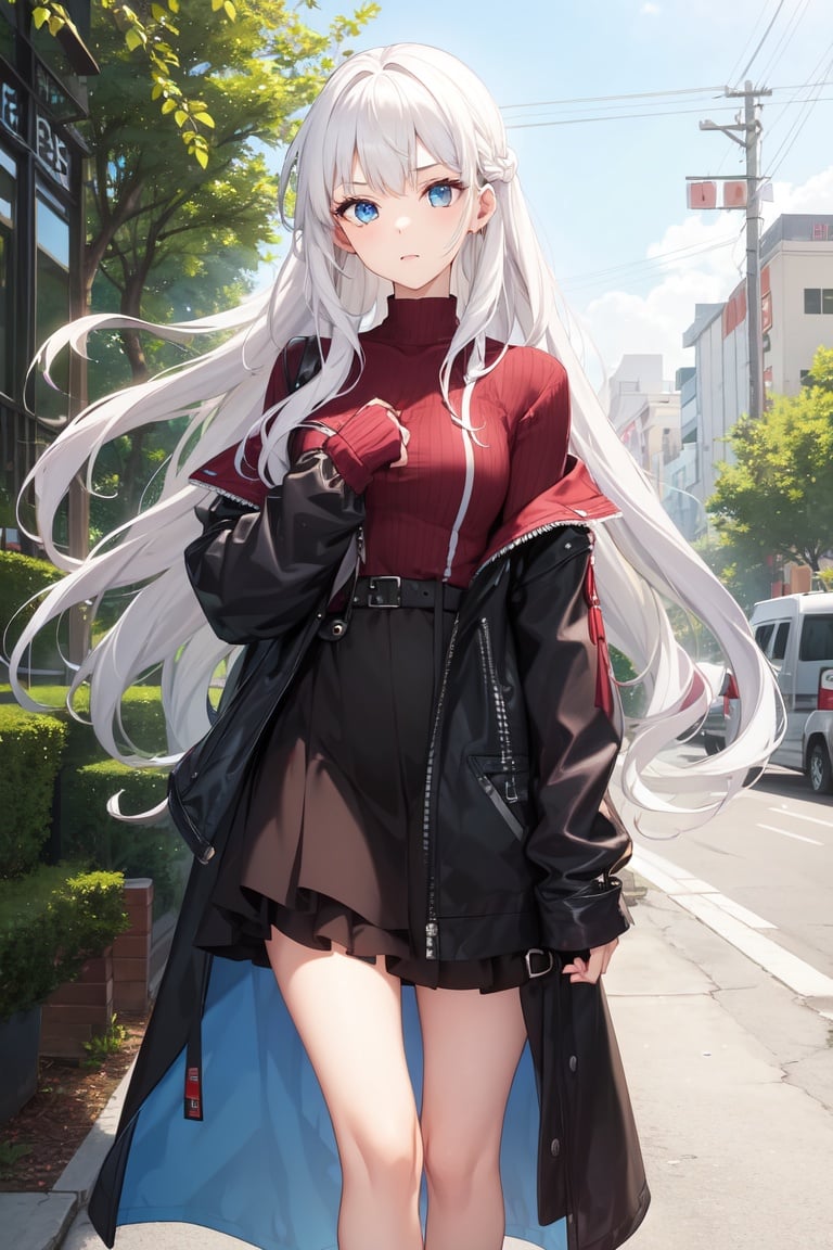 Image of 1 girl, solo, white hair, long hair, blue eyes, outdoors