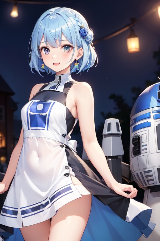 Image of A GIRL,wearing dress inspired by R2-D2 smiling