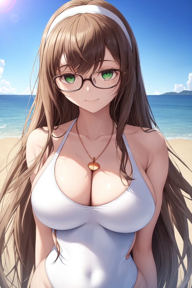 Image of absurdres, 1girl, long hair, brown hair, green eyes, large breasts, cleavage, gles, one-piece swimsuit, white swimsuit++, sneakers, white headband++, outdoors, sunrise+, harbor, facing viewer, looking at viewer, close-up, cleavage reach, happy, masterpiece+++