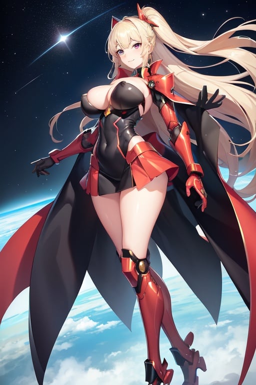 Image of girl ++++, perfect figure ++++, long legs +++, big hips ++++, big breasts +++, shiny skin ++, velvet skin +++ long hair +++, beautiful face +++, perfect face +++, blush +++, smile +++, (unreal suit, battle suit, mini skirt, mecha) ++++, (y pose) ++++, , solo ++ ++, super quality +++