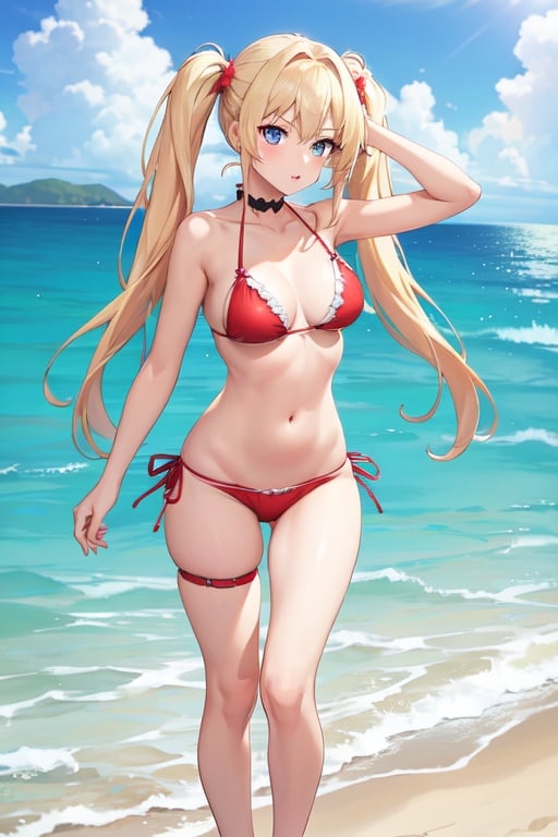 Image of 1girl, medium breasts, twin tails, blonde hair, blue eyes, red bikini,  tsurime eyes, full body,  beach, 