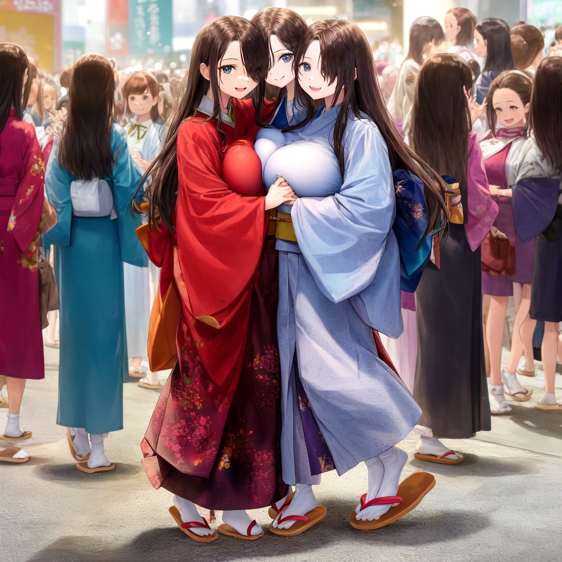 Image of Multiple identical young women with very mive breast and very long hair and brown hair and blue eyes and showing forehead and hair over one eye and hair over breasts and happy and cute face are wearing Japanese traditional clothing and wearing slippers and standing in front of mirror wall and hugging each other and surrounded by reflection in the morning, brown hair, smile, happy face, hair over one eye, showing forehead, full body, happy, warm light, Multiple identical young women, Multiple women, many women, crowds, crowded, (Multiple identical young women), 6+girls