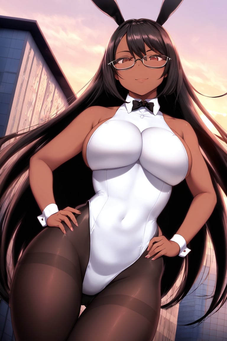 Image of absurdres, 1girl, dark-skinned female, long hair, black hair, brown eyes, gles, large breasts, cleavage, playboy bunny, white leotard++, black legwear++, pantyhose, outdoors, sunset+, rooftop, looking at viewer, facing viewer, dutch angle, smile, breast focus, hands on hips, masterpiece+++