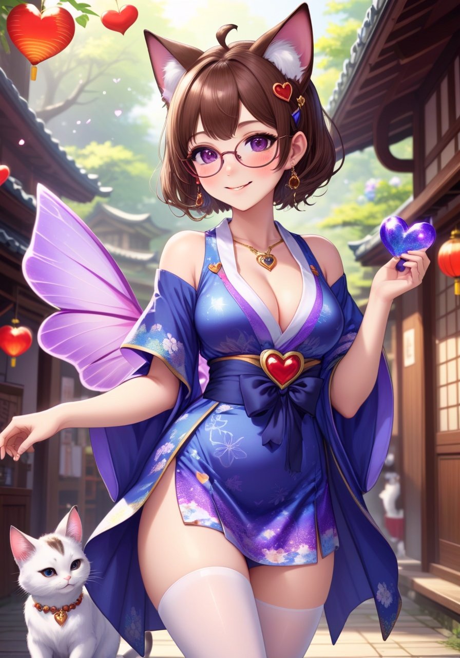 Image of 1girl, pixie cut, brown hair, purple gles, enormus breasts, blue kimono, smiling, short npuffy sleeves, cat ears, alien antennas, elf ears, brown eyes, heart earrings, hair ornament, jewelry, thighhighs, white pantyhose, flip-flops