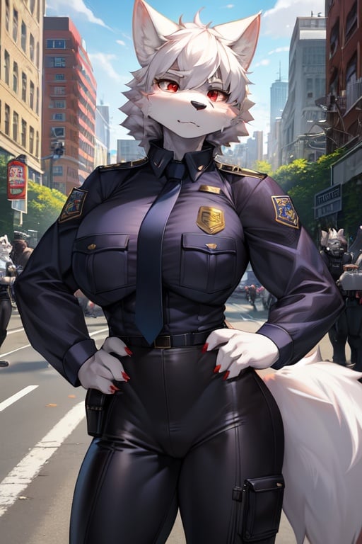 Image of 1girl, solo, short hair, red eyes, white fur, furry female, standing, wolf ears, wolf tail, police, high quality, white hair, highleg wolf, furry wolf, white wolf, full white fur, hand on hilt, police female, medium breasts, looking at viewer, uniform, details, policewoman, police uniform, very highleg, highleg female, (muscular female)++, (muscular)+, scar on face
