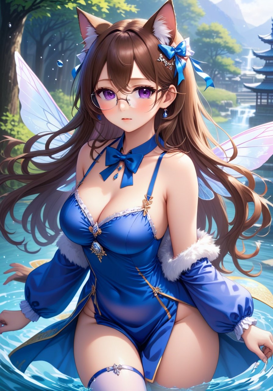 Image of 1girl, really long hair, brown hair, purple gles, seductive blue dress, silver necklace, watermark, water drop, bowtie, traditional Japanese crown, halo, fairy wings, cat ears, brown eyes, nose ring, open mouth, thighhighs, thick thighs, 