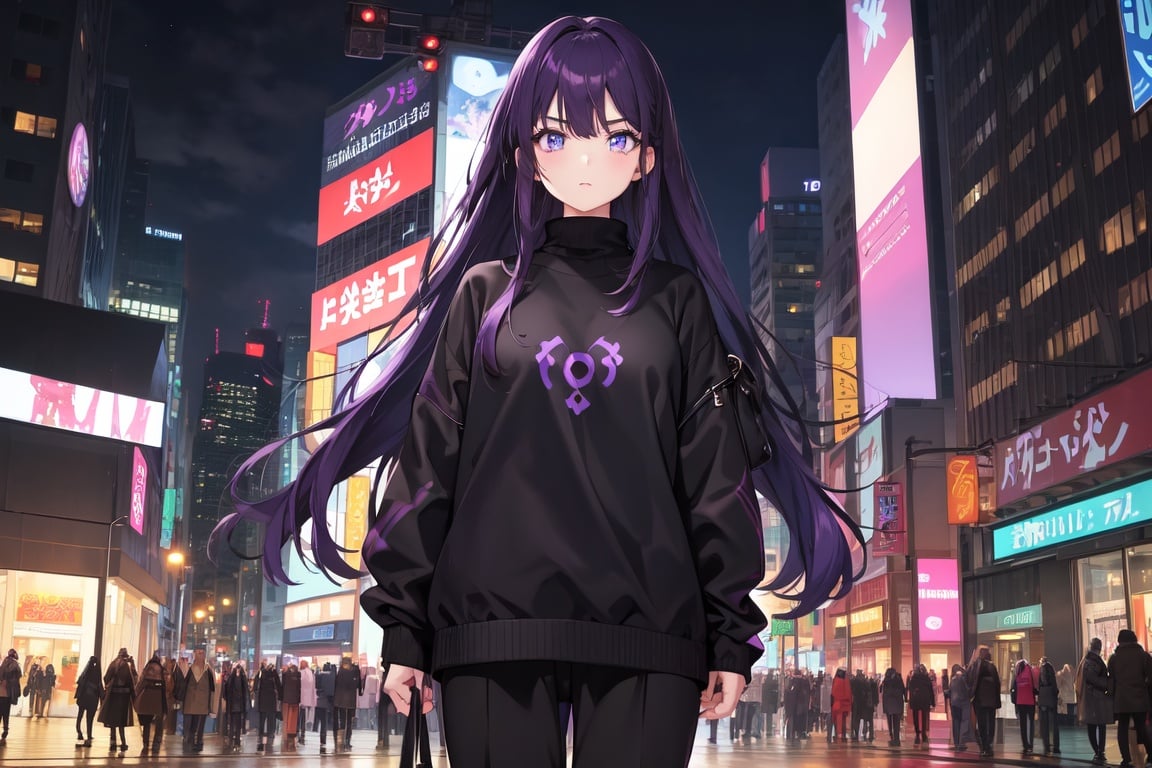 Image of 1 girl, solo, black sweater long sleeves, baggy black trousers, high quality, detailed eyes+++, purple eyes,  purple hair, (blank face), (nighttime street),