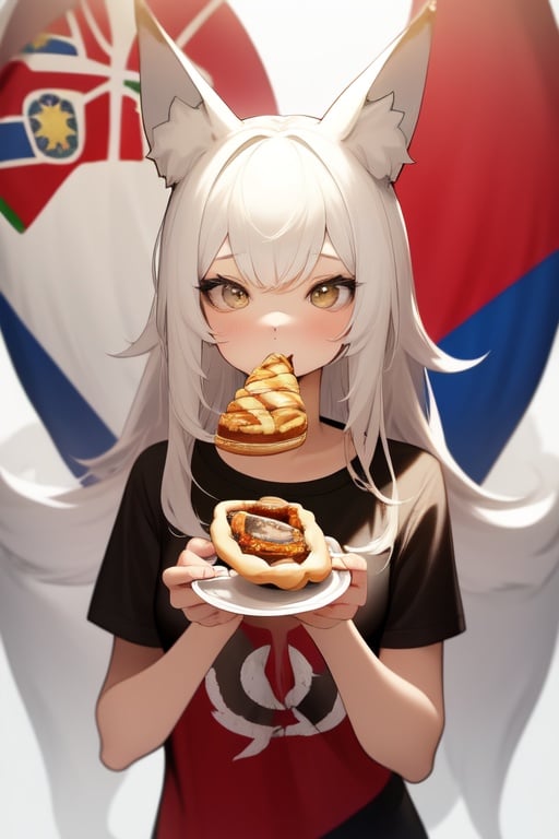 Image of portugal, fox ears,With a Portugal flag T-shirt,eating a Pastel de nata