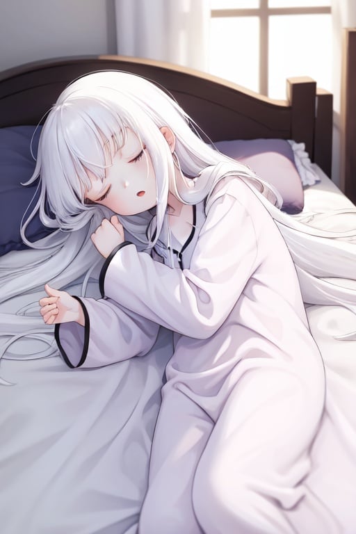 Image of 1girl, sleeping, eyes closed, laying on bed, fleece nightgown, pale eyes, long white hair, open mouth, 