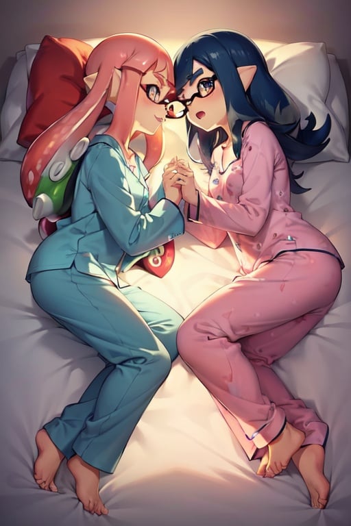 Image of 2girls, duo, (inkling girl)++, pointy inkling ears, splatoon+, tentacle hair, chatting, laying+++, in bed, happy++, night++, (warm lighting)++, (looking at each other)++++, open mouth, stuffed animals, squid plushies, pillows, talking+, wholesome++++, pajamas+++