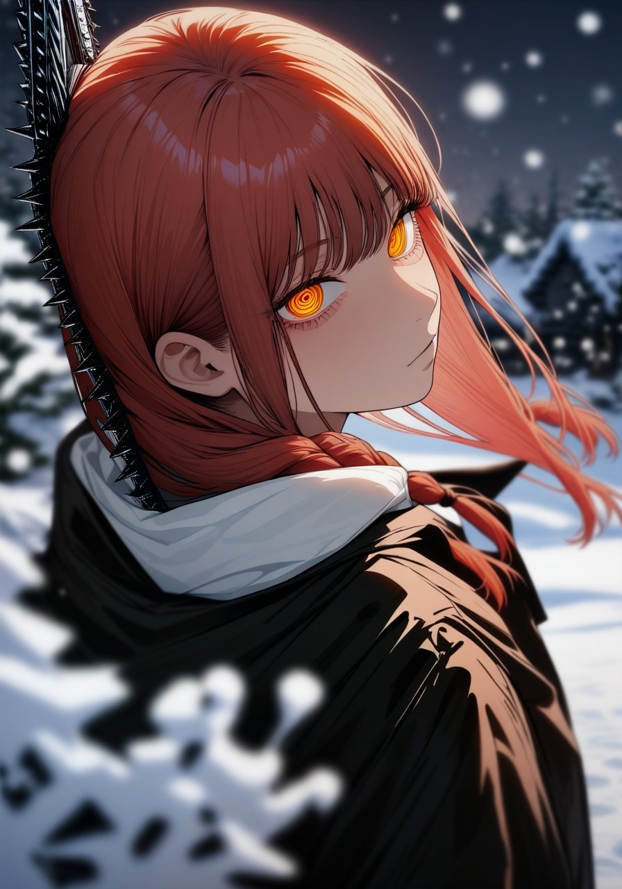 Image of makima (chainsaw man), chainsaw man, ringed eyes, snowy background