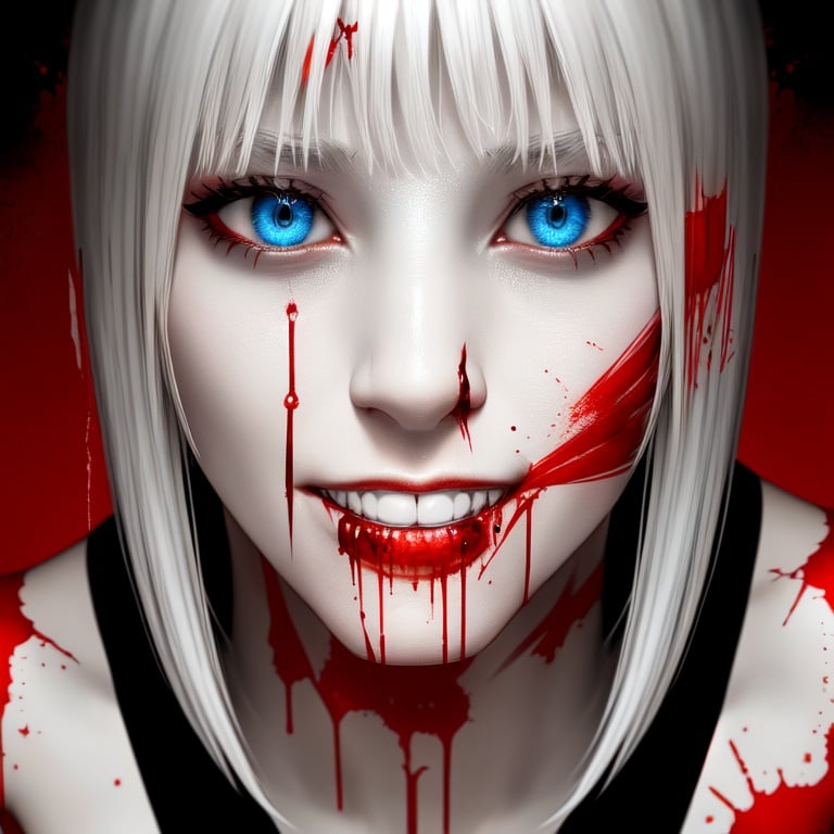 Image of Girl, blue eyes, smirk, face+++, Psycho+++, Smile, blood+++, Bad+++, Deadly, intimidating+++, mantle, 