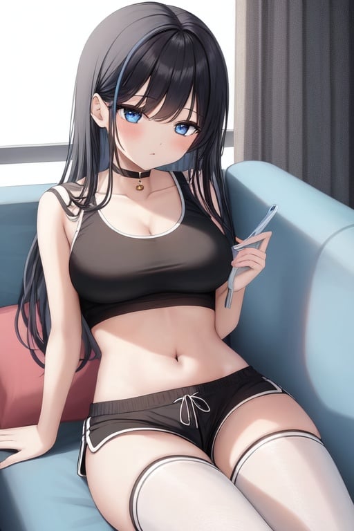 Image of 1girl, laying on couch, eyes closed, drooling, black shorts, short crop top, spegg, navel, blue eyes,  thighhighs, original, indoors,  eyebrows visible through hair, barefoot, long black hair, 