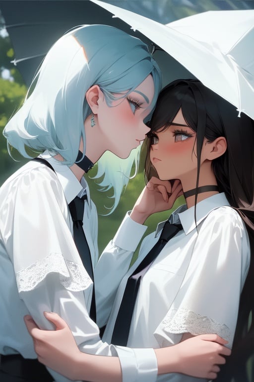 Image of 2girls, scenery, choker, necktie, masterpiece++, thick eyelashes, (intricate detail), lovers, romantic