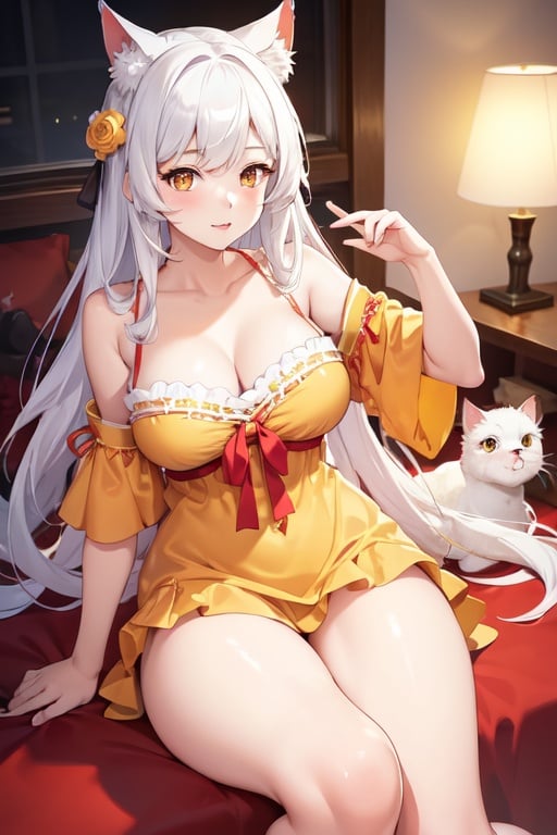 Image of radiant+++, masterpiece++, best quality++, ultra-detailed+, extremely detailed++, 4K, 8K+, beautiful+, realistic, real, 1girl, solo, soft lighting, white hair, cat ears, hanekawa, bakemonogatari, orange pijama, yellow eyes, monogatari (series)