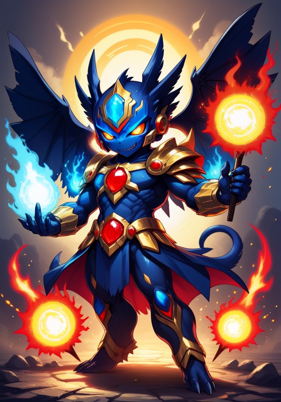 Image of Apocalymon with dark-navy-blue black gold silver and red palette in gatcha art style