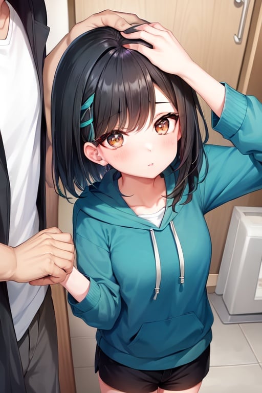 Image of (masterpiece), best quality, expressive eyes, perfect face, comic, 1girl, looking up, hazel eyes, teal hoodie, shorts, 1boy, all man, side by side, looking up at man, short black hair, head pat,pov head pat