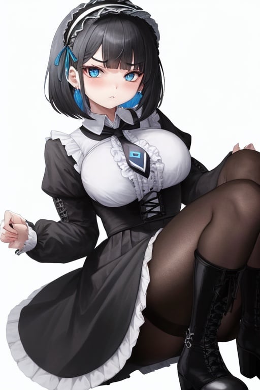 Image of 1girl, bursting breasts, Lolita  Lolita fashion, Lolita dress, neck necktie between breasts, open mouth, chunky black boots, charm bracelet, bob cut, long braid, frowning, thick thighs, blue eyeshadow, pantyhose