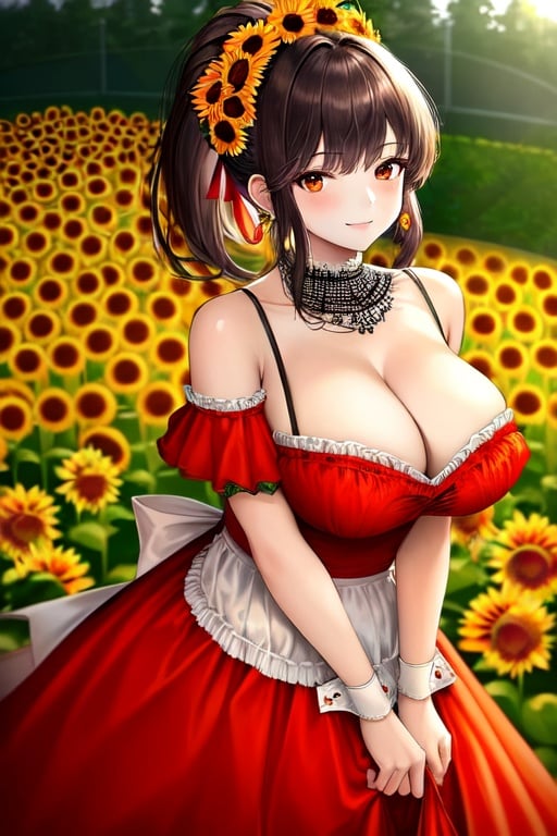 Image of masterpiece++, ultra-detailed++, pixiv++, best shadows++, best lighting++, best quality++,)++++++,(huge breasts)+,(red clothes)++,maid,1girl, solo,(smile)++, short hair,(ponytail)+++,(orange eyes)+++, jewelry, frills, (hair ornament)+,butterfly hair ornament, hair flower, Princess,headdress, black eye shadow, looking at viewer, bow, earrings, bouquet,(sunflower garden)+++,