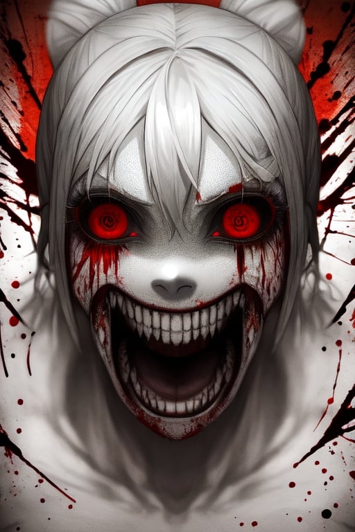 Image of 1girl, crazy eyes, crazy smile, blood, bloody clothes, horror (theme)