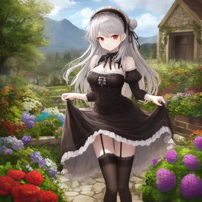 Image of a girl ,solo ,silver hair ,red eyes , gothic lolita, half up hair, background mountain, garden , black Thighhighs, garter belt, Brilliant, vividly, high quality, high resolution , masterpiece, no nsfw