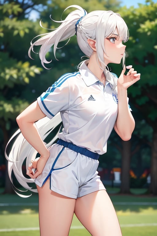 Image of An elfiga with white hair gathered in a ponytail Sports uniform 