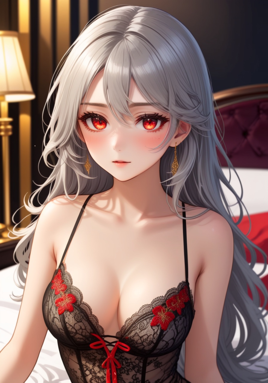 Image of 1 girl,night hotel room,(gold embroidery)+++,(black camisole)+++,(lace lingerie)++,(silver long hair)+,red eyes,