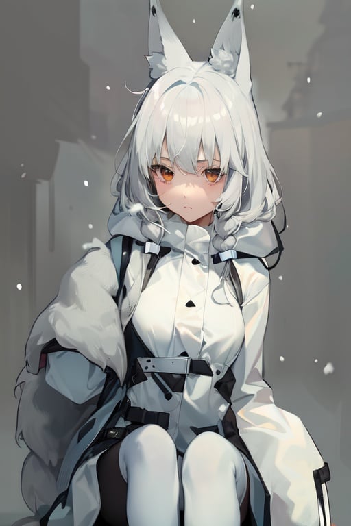 Image of 1girl, solo, white fox ears, white fox tail, very light gray hair, orange eyes, white button up, bottom of shirt tied in knot, winter coat, furry hood, black shorts, white tights, full body, sitting, neutral, on porch, outside house, (snowing)+