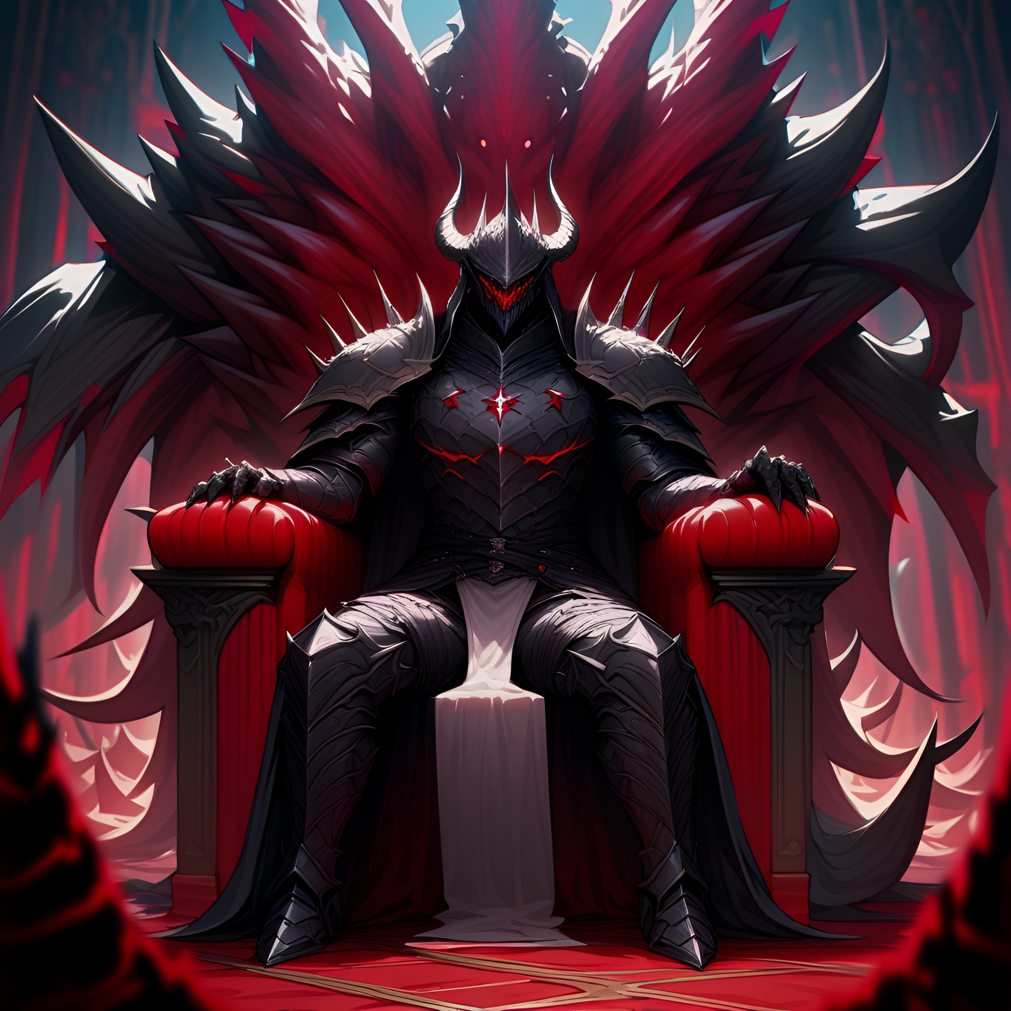 Image of 1man, solo, standing, demon, horns, demons armor++, cool armor+++, cool helmet++,  fantasy+++, demon lord+++++, sitting on the throne, 4k, 8k, ultra-detailed, high quality, high-detailed, cool throne++, power throne++, There is an army of demons behind the throne