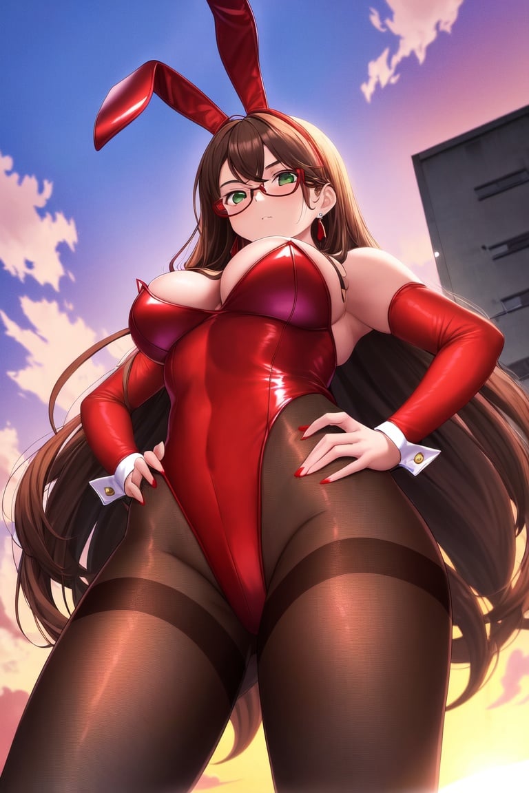 Image of absurdres, 1girl, long hair, brown hair, green eyes, gles, large breasts, cleavage, playboy bunny, red leotard++, brown legwear++, pantyhose, earrings, high heels, looking at viewer, facing viewer, from below, outdoors, sunset+, rooftop, hands on hips, masterpiece+++