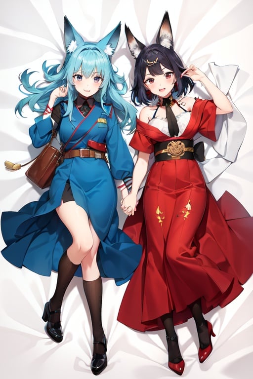 Image of 2girls, traditional media, watercolor painting, lying, on back, blue hair, black eyes, happy, fox ears, military uniform, high heels, neckerchief, tattoos, onsen