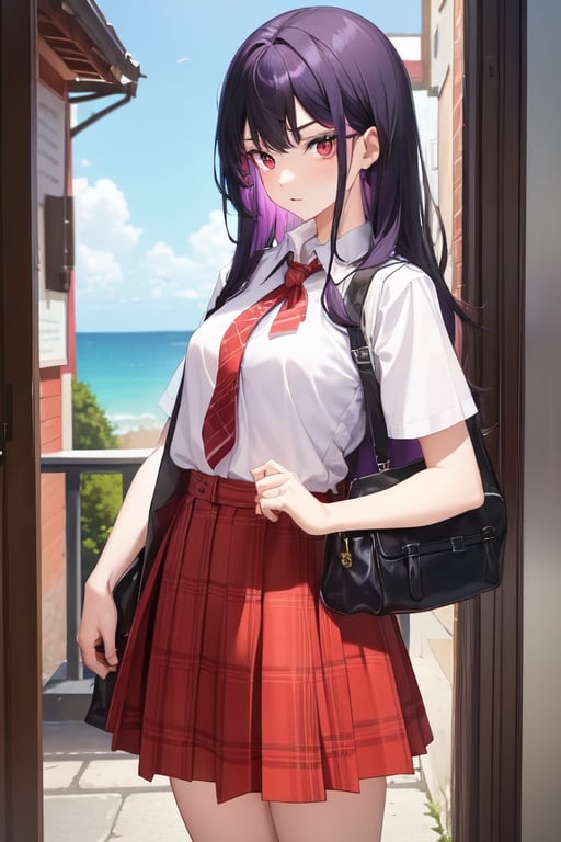 Image of One woman, around 20 years old, black hair, purple hair, scarlet hair, streaky hair, two sides up, odd eyes, red right eye, sky blue left eye, slanted eyes, frills, short sleeves, kilt, gingham check,
