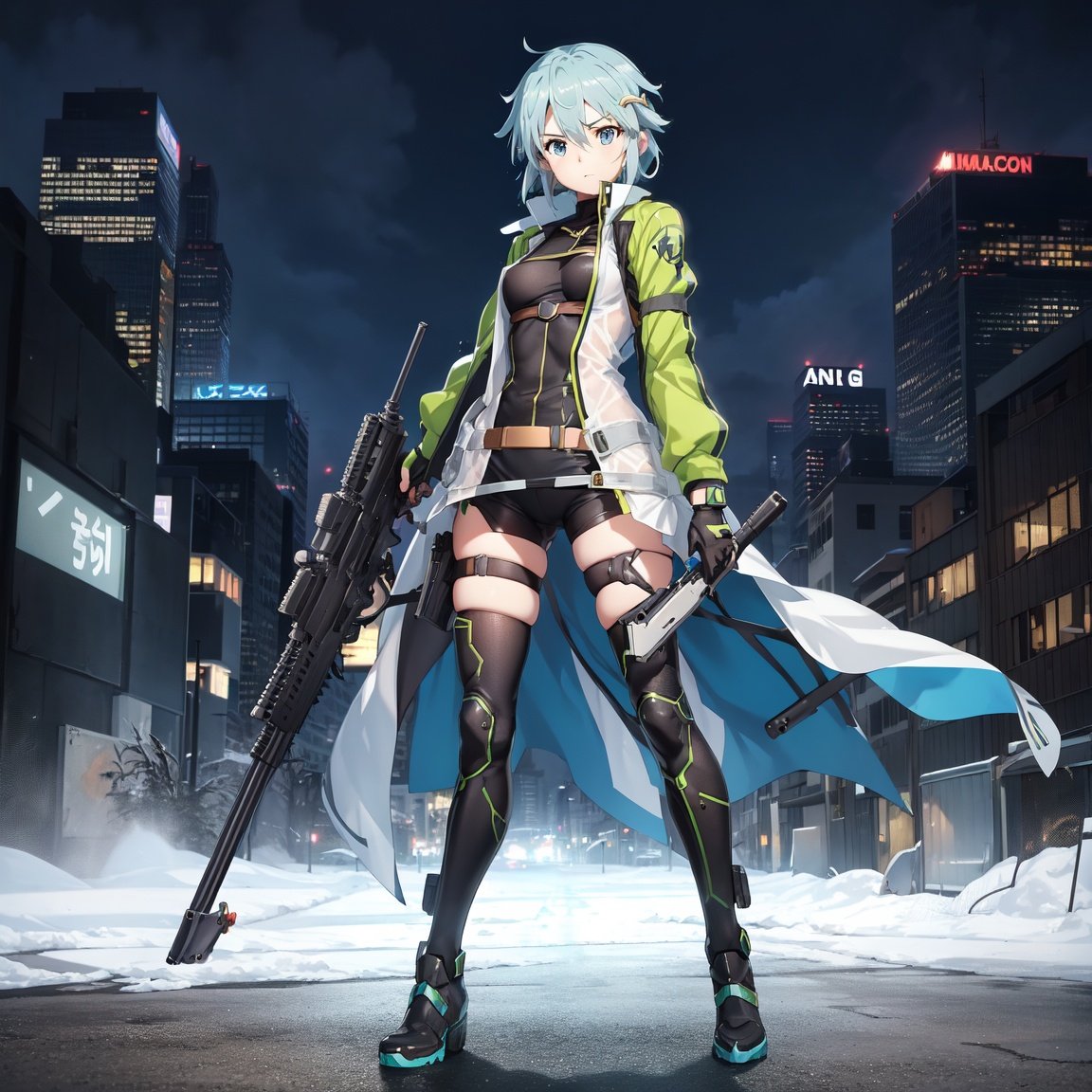 Image of sinon(sao), sword art online, short hair, blue eyes, weapon, gun,  standing, sniper rifle, anti-materiel rifle, boots, blue hair, suit jacket, breasts, perfect body,  4k, 8k, ultra-detailed, modern city, high quality