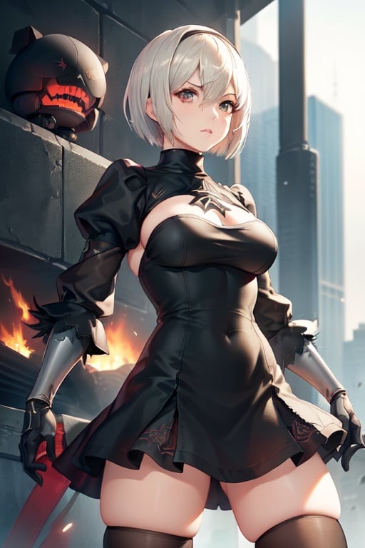 Image of 1girl++, nier (series), nier automata, yorha no. 2 type b, short hair,  gloves, thighhighs, skirt, fighting, evil robot