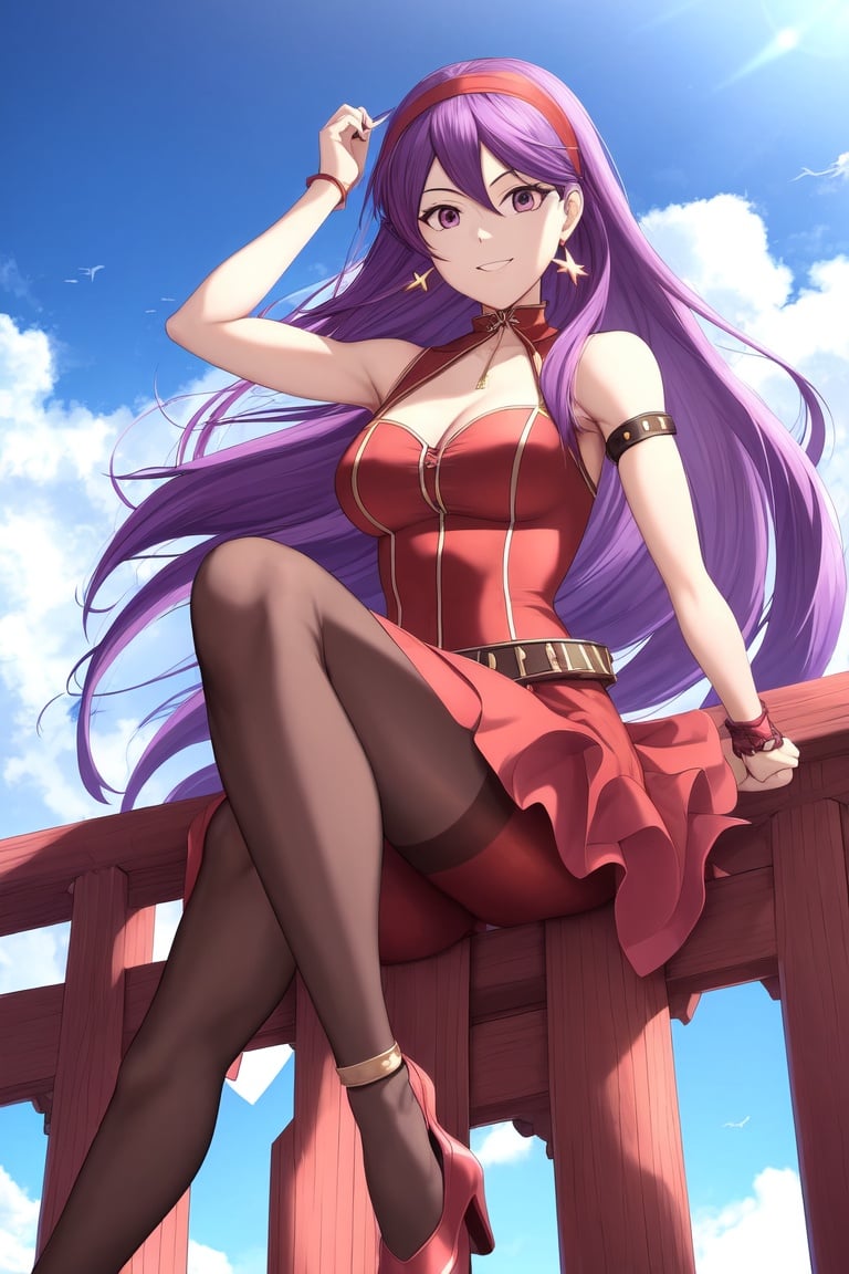 Image of absurdres, the king of fighters, asamiya athena, long hair, purple hair, purple eyes, medium breasts, sleeveless dress, red dress++, hairband, red hairband++, pantyhose, brown legwear++, strappy heels, star earrings, outdoors, balcony, looking at viewer, facing viewer, from below, smile, wind lift, masterpiece+++