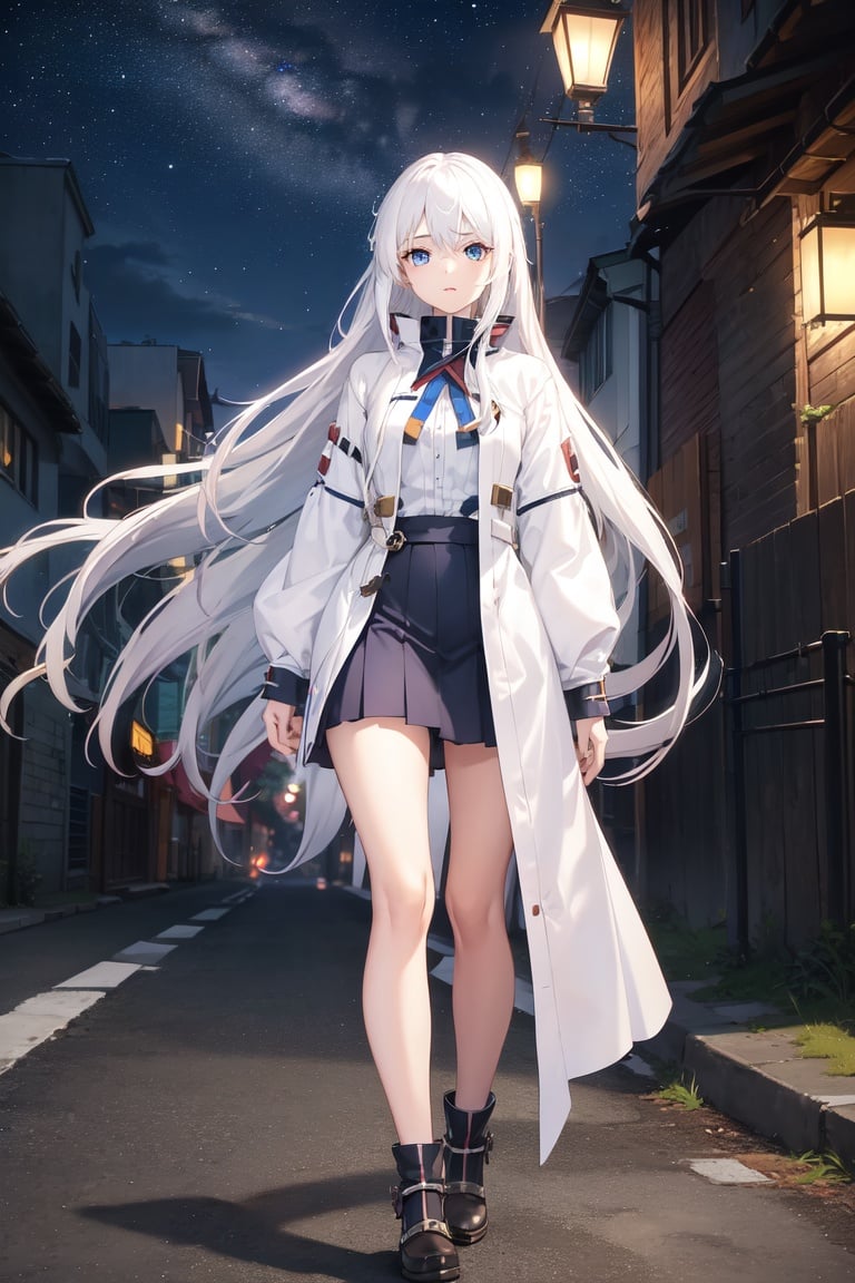 Image of 1 girl, solo, white hair, long hair, blue eyes, outdoors, walking, night time