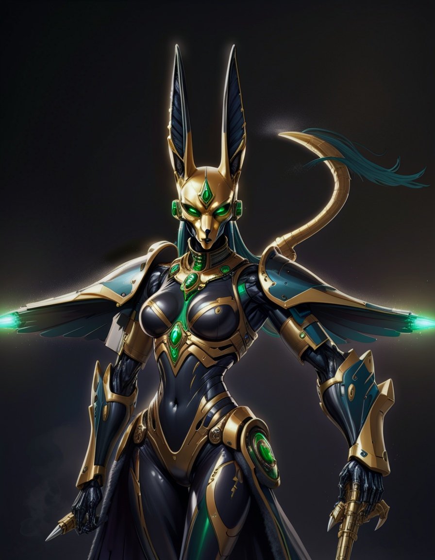 Image of 1 female,Anubis,Synthetic fur,anthropomorphic,synthetic body,Warhammer 40k,Necron,C'tan,Star Goddess,(Silver,green,black and gold metal body),Necrodermis body,robot body,Pure energy body encased in robot one,wielding Cosmic powers,large breasts,thick thighs,muscular physic,muscular female,best quality,masterpiece