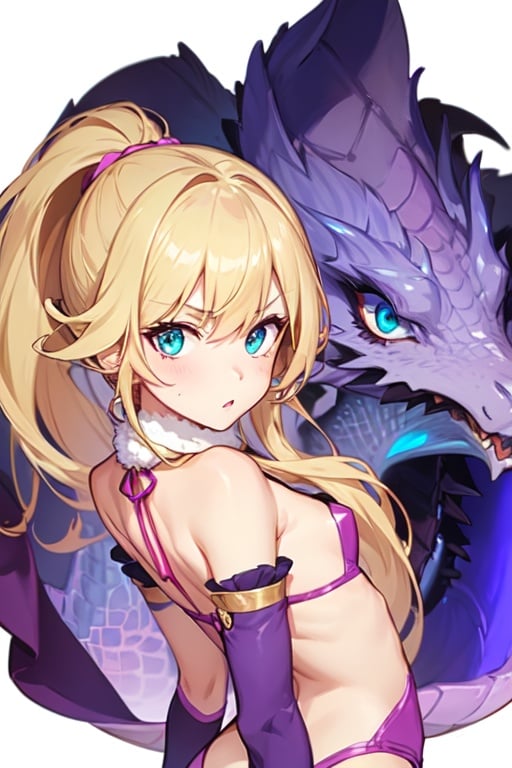 Image of 1girl, solo, serious, pink leotard-armor, blonde hair, long hair, ponytail, aqua eyes, detached sleeves, gloves, purple dragon