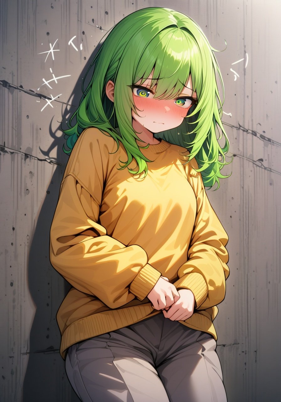 Image of 1 girl, solo, yellow sweater long sleeves, baggy grey trousers, high quality, detailed eyes+++, bright green eyes,  bright green hair, (shy face), (concrete background), 