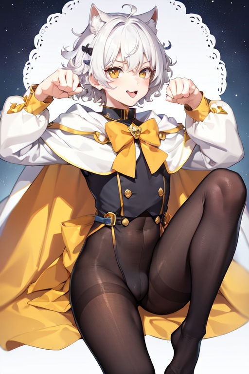 Image of 1boy, solo, paw pose, white hair, yellow eyes, tongue out, curly hair, hair bow, cape, pantyhose, mountain-