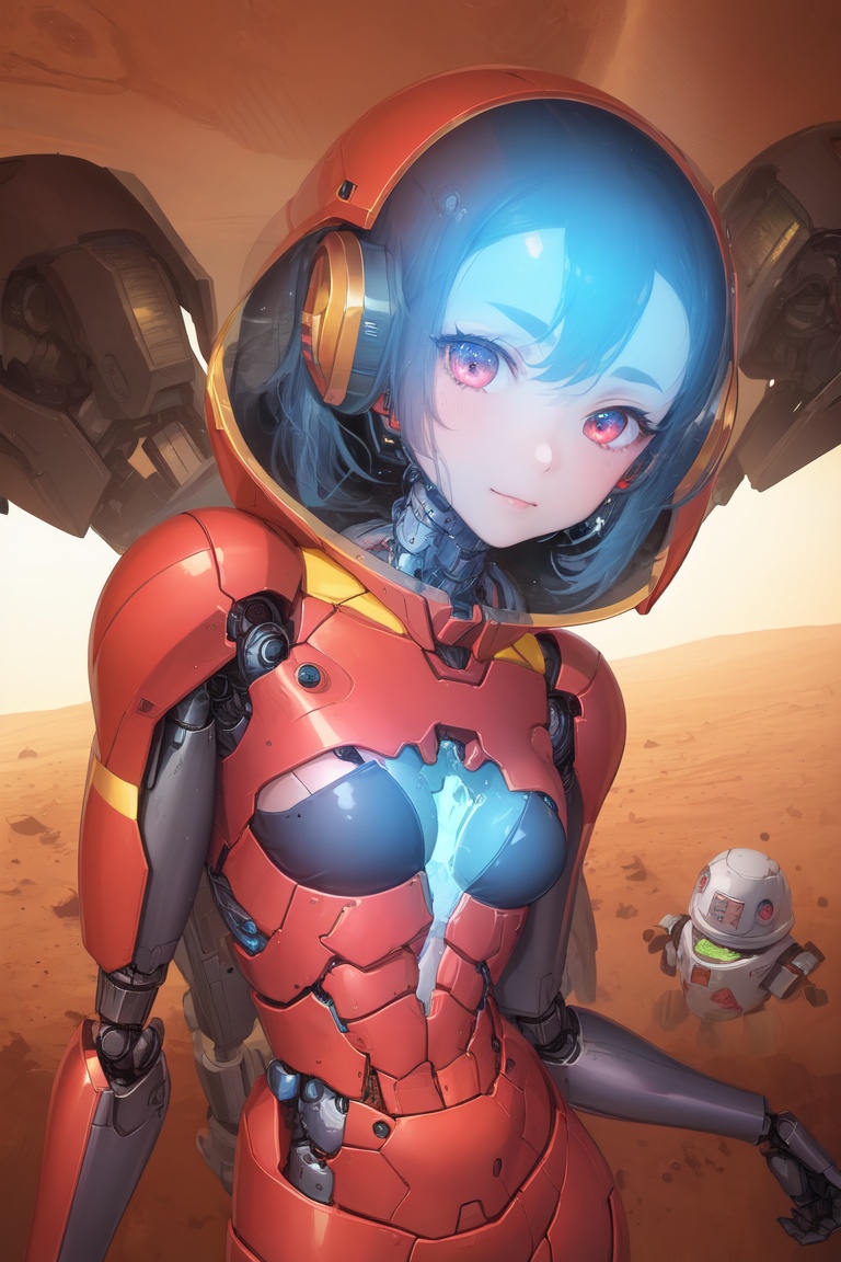 Image of (girl on the mars, view planet ground and 3 robots)+++,1girl,(space suit)+++,(perfect anatomy)+++,(cyborg mecha girl)++,(stylish angle)++++,(necktie)+,(industrial Design headphones)+,(high small breasts closed translucent bra)+++,(cute loli)++,(lower bobbed hair)+,(look at viewer)+++,(1 cyborg android small chest loli)++,(ultra-detailed),(gleaming skin)+++,(eyes dark blue),