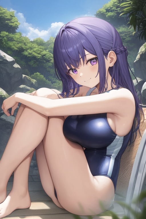Image of 2girls, realistic, sitting, (hugging own legs)+++, from side, blue hair, purple eyes, :3, curly hair, ahoge-, swimsuit, onsen, bursting breasts, thick thighs, smiling, looking at another