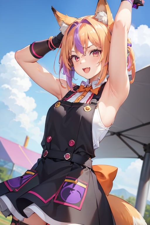 Image of 1girl, solo, stretching++, dutch angle, multicolored hair, purple hair, blonde hair, orange eyes, :d, hair bow, fox ears, apron, wristband, gles, outdoors