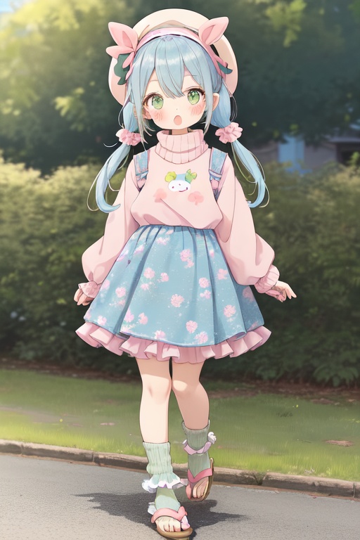 Image of 1girl, blush, blue hairband, blush stickers, pigtails, scrunchie, walking, stuffed bunny, stuffed animals, open mouth, dimples, green eyes, outdoors, turtleneck sweater, long fl skirt, sandals, ankle bracelet, detailed,  jewelry, fancy hat, 