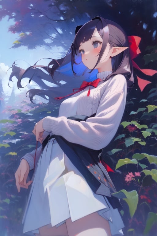 Image of 1girl, solo, traditional media, oil painting, from below, happy, hair bow, hair ribbon, pointy ears, sweater, nature